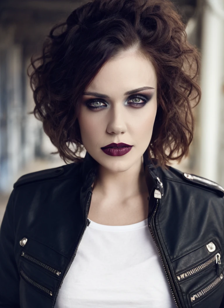 professional photography, portrait of a goth woman in the garage, dark lips, pale makeup, black leather jacket and white tee, bold, bright colours, (high detailed skin:1.1)
<lora:jennie_jacques_lora_v01:1> jenjac