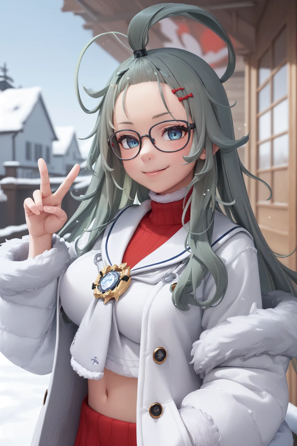 (masterpiece:1.3), (absurdres:1.3), (best quality:1.3), 1girl, looking at viewer, (closed mouth:1.3), smile, outdoors, snow, upper body, peace sign, <lora:merufi-000005:1>, merufi, glasses, long ahoge, blue eyes, bangs pinned back, fur-trimmed jacket, white sailor collar, white jacket, white sweater,