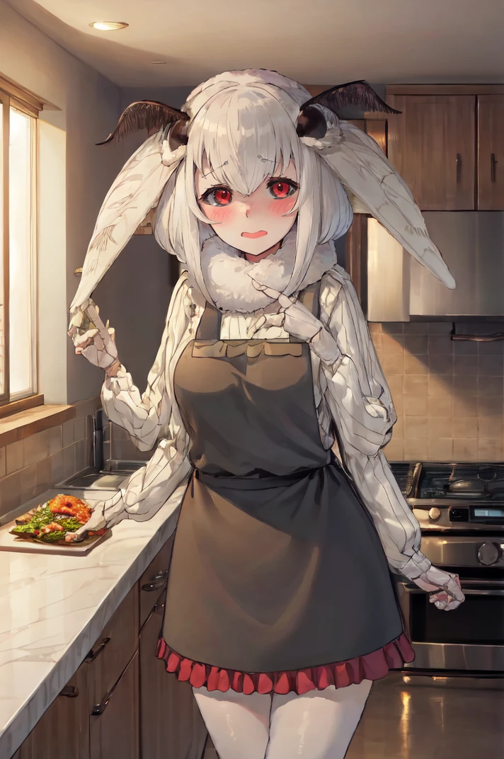 mashiro, white hair, medium hair, red eyes, extra arms, joints, fewer digits
BREAK black apron, red ribbed sweater, kitchen, warm lighting, high rise apartment, window
BREAK cowboy shot, embarrassed, counter, serving food
 <lora:mashiro-47:1>