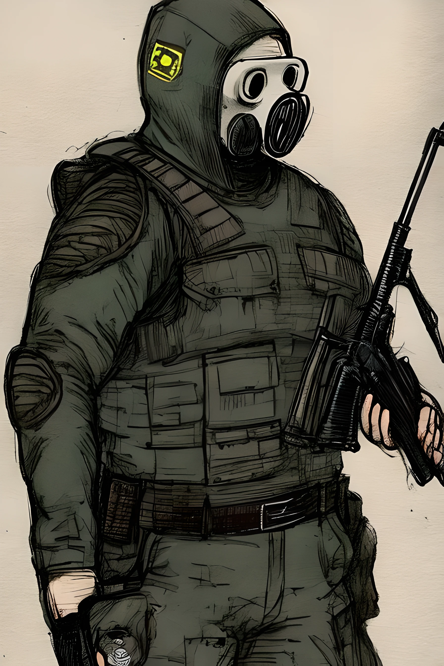 a man in a gas mask wearing a sunrise suit holding a rifle