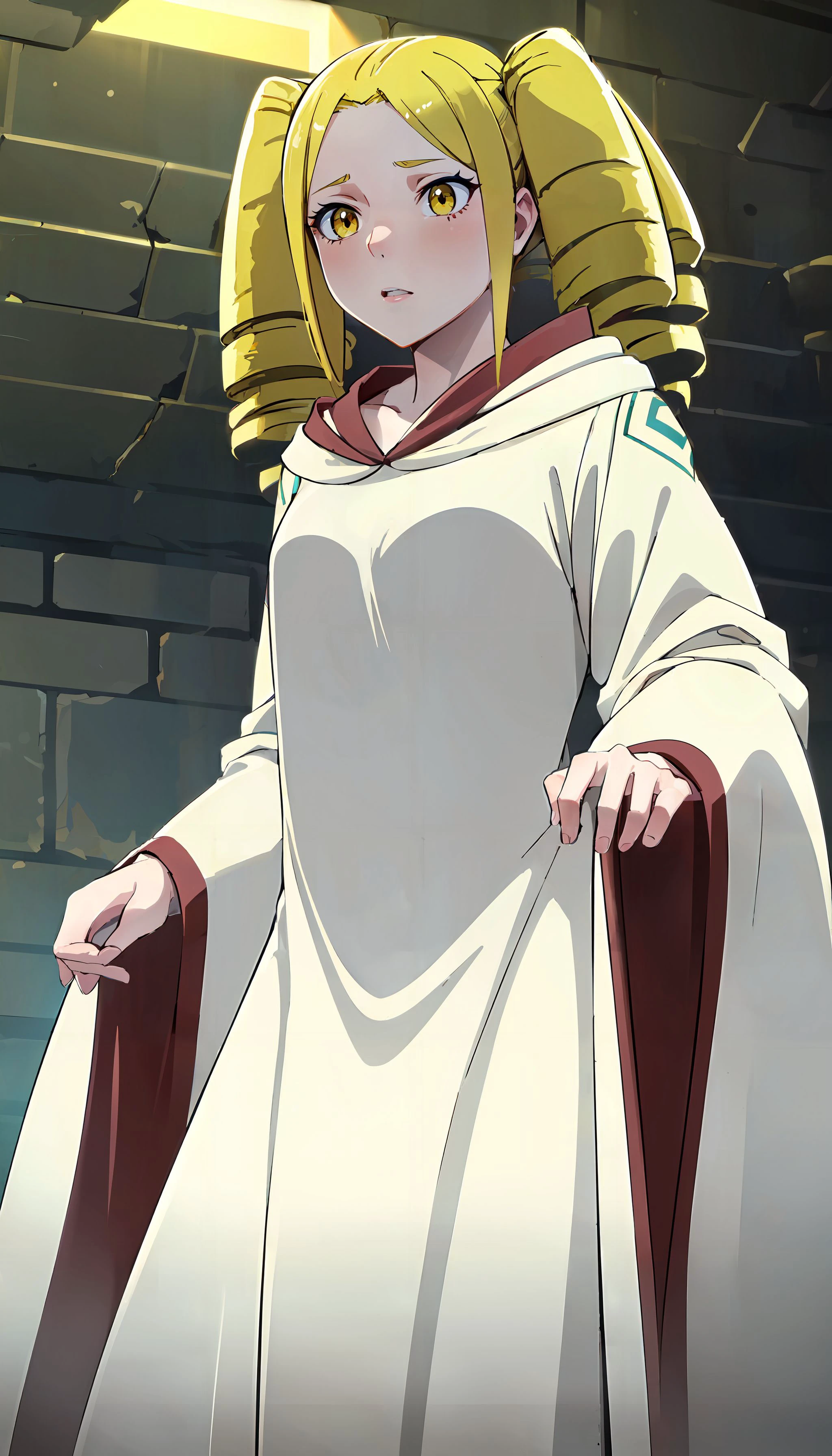 photorealistic, (4k), (Masterpiece), (realistic skin texture), extremely detailed, intricate, hyper detailed, high resolution, sharp detail, best quality, girl, blonde short twintails, yellow eyes, white robe, <lora:Elizabeth_VRMMO-1-000004:0.9> , dimly lit, catacombs, darkness lies ahead, cowboy shot,