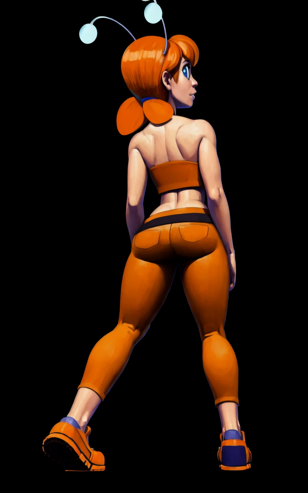 8k.4k,((Best quality, masterpiece, ultra high resolution)),((full body)),standing, by pixelsketcher, <lora:Clyde:0.9>,clyde,blue eyes, navel,pants, midriff, orange hair,bare shoulders, shoes, orange pants,orange bandeau,antennas,fang, orange shoes, clothes around waist,human,black background, neon lights,rear view,looking back