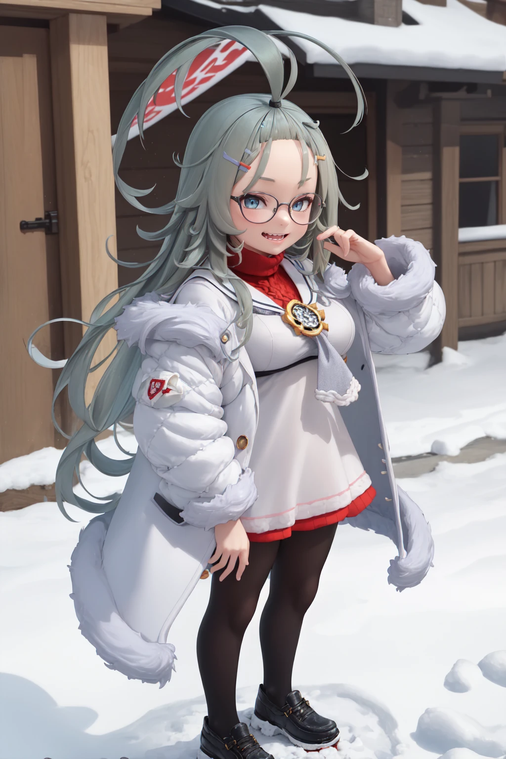 (masterpiece:1.3), (absurdres:1.3), (best quality:1.3), full body, 1girl, looking at viewer, smile, outdoors, snow, full body, hand on back, <lora:merufi-000005:1>, merufi, long ahoge, blue eyes, bangs pinned back, fur-trimmed jacket, white sailor collar, white jacket, black pantyhose, glasses, white sweater, teeth,