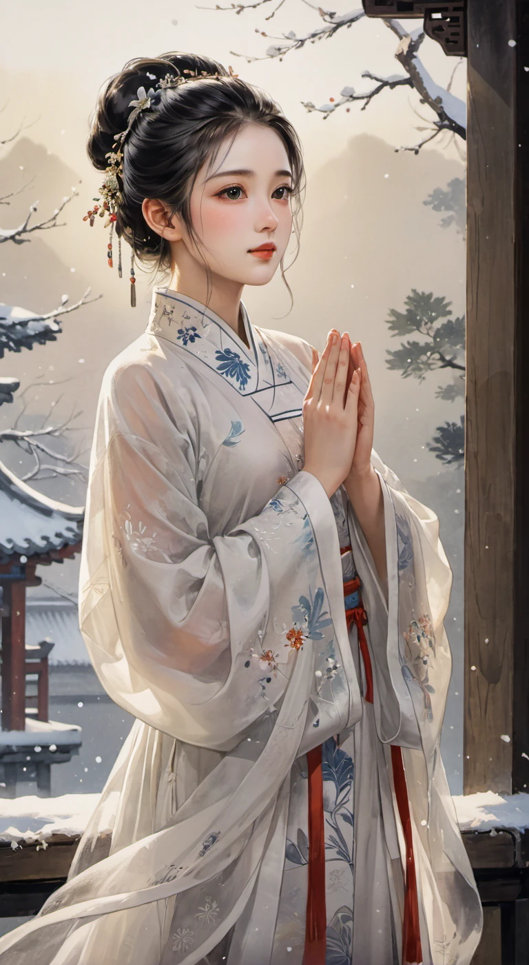 Cinematic Lighting, masterpiece, best quality, highly detailed, sharp focus, dynamic lighting, vivid colors, texture detail, particle effects, storytelling elements, narrative flair, 16k, HDR, subject-background isolation, 2D, (Authentic skin texture:1.3), traditional chinese ink painting,
1 girl, perfect face, perfect hand, Hands clasped together, white chinese traditional (transparent:1.4) clothing, Looking up at the sky, background is snow, Snowflakes fall,
ink, <lora:watercolor-ink-sketch-v1:0.2>