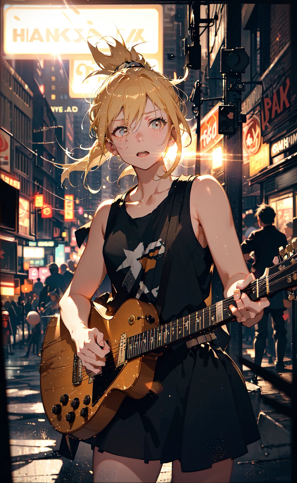 flash photography, (dynamic:1.1), close-up, blurry photo, motion blur, dark moody lighting, dim lighting, girl with blonde ponytail, busker, playing guitar, (punk style:1.1), tank top, oversized clothes, (androgynous:1.1), lens flare, Manhattan, night, nighttime, style of Nan Goldin