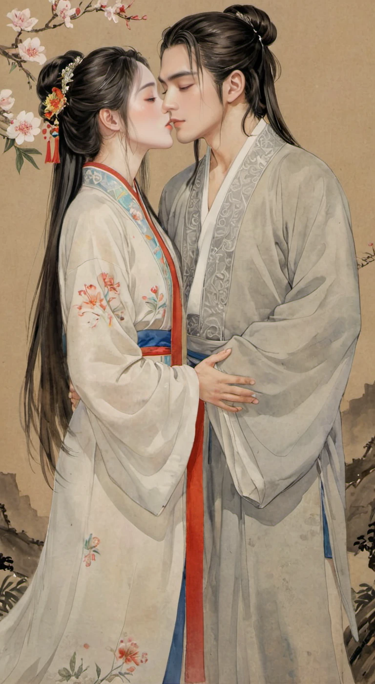masterpiece, best quality, highly detailed, sharp focus, dynamic lighting, vivid colors, texture detail, particle effects, storytelling elements, narrative flair, 16k, HDR, subject-background isolation, 2D, (Authentic skin texture:1.3), traditional chinese ink painting,
1 perfect face girl BREAK 1 handsome face boy , the boy have a long hair, they all are weared (white:1.2) chinese traditional (transparent:1.2)_clothing, they all closed eyes, the boy was stand up at same height level side of the girl, the boy's hand is holding the (girl's big chest:1.3), (the boy is (kissing:1.8) the girl:1.7), Stick out tongue, Drooling, (they are looked at each other:1.4), background is sea,
ink, <lora:watercolor-ink-sketch-v1:0.2>