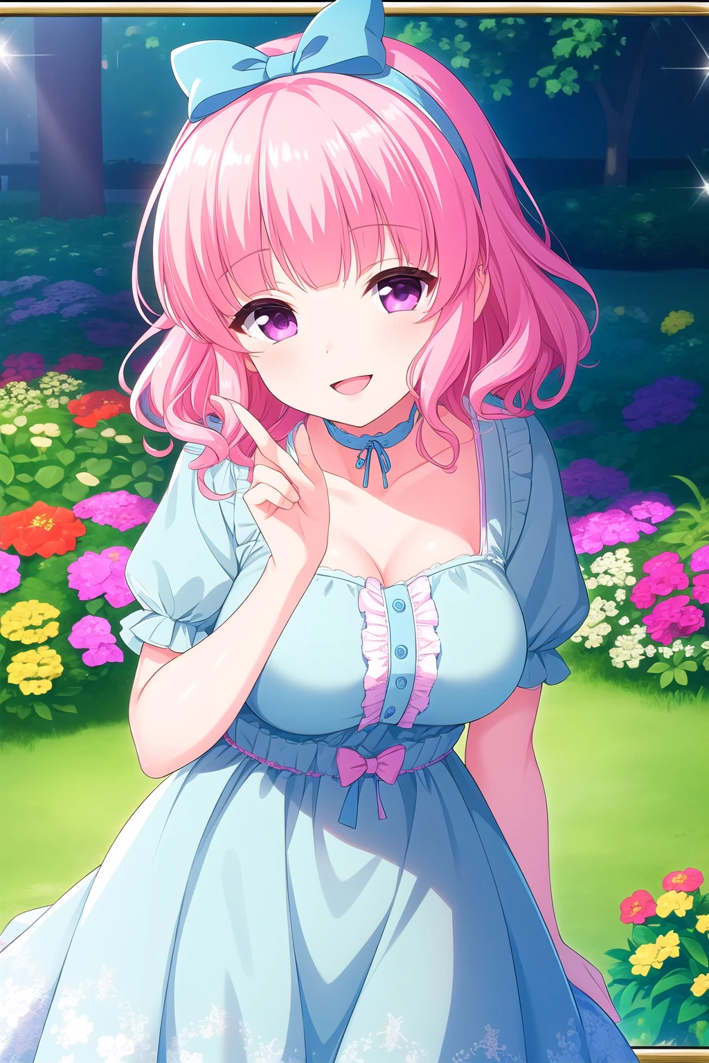 (masterpiece, best quality), highly detailed background, perfect lightingbest quality, nittamoeka, solo, outdoors, garden, pink hair, blue hairband, hair bow, curly hair, short hair, purple eyes, pink eyes, choker, ribbon, breasts, blue dress, frilled dress, <lora:GoodHands-vanilla:1>, smile, open mouth, pink lips, <lora:Nitta-Moeka:0.7>