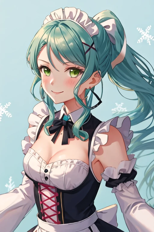 best quality, masterpiece, highres, solo, {hikawa_sayo_bangdream:1.15}, green_eyes, aqua_hair, long_hair, bangs, blush, jewelry, 1girl, earrings, hair_ornament, looking_at_viewer, ribbon, black_ribbon, cosplay, frills, neck_ribbon, ponytail, x_hair_ornament, detached_sleeves, dress, long_sleeves, maid, pink_ribbon, roswaal_mansion_maid_uniform, upper_body, blue_background, blue_hair, breasts, hairband, ribbon_trim, smile, snowflakes, yellow_eyes