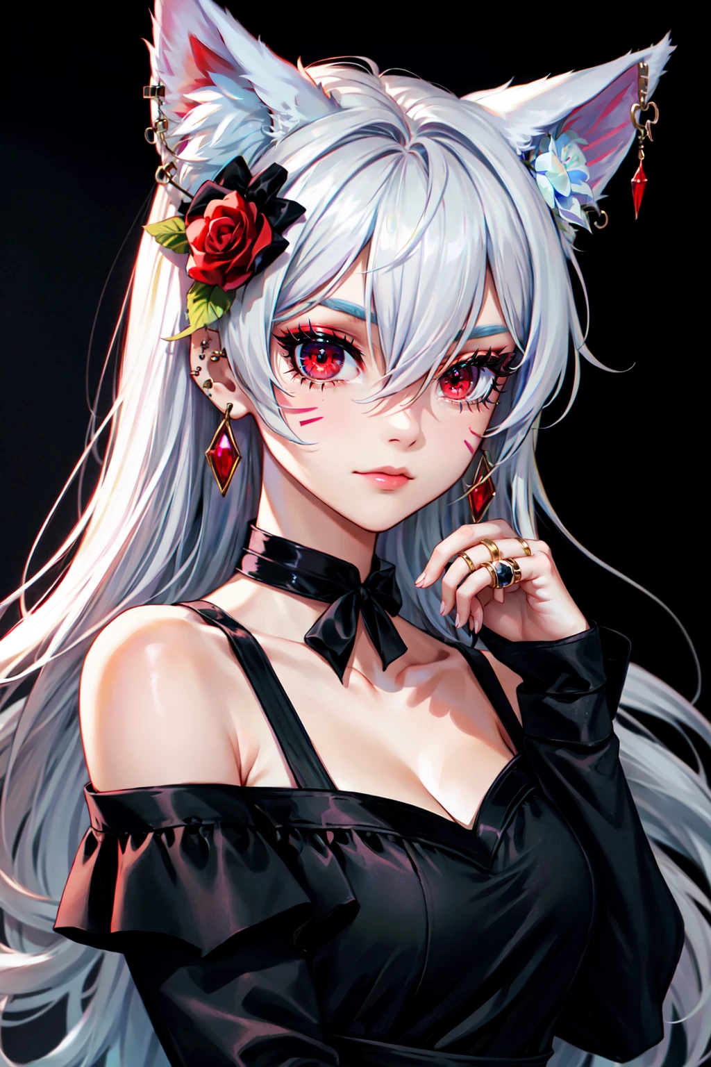 1girl,  animal ear fluff,  animal ears,  bare shoulders,  black dress,  black flower,  black ribbon,  closed mouth,  collarbone,  dress,  ear piercing,  earrings,  facial mark,  flower,  fox ears,  hair between eyes,  hair flower,  hair ornament,  hand up,  jewelry,  long hair,  long sleeves,  looking at viewer,  makeup,  off shoulder,  off-shoulder dress,  piercing,  red eyes,  ribbon,  ring,  rose,  solo,  upper body,  white hair,  wings,