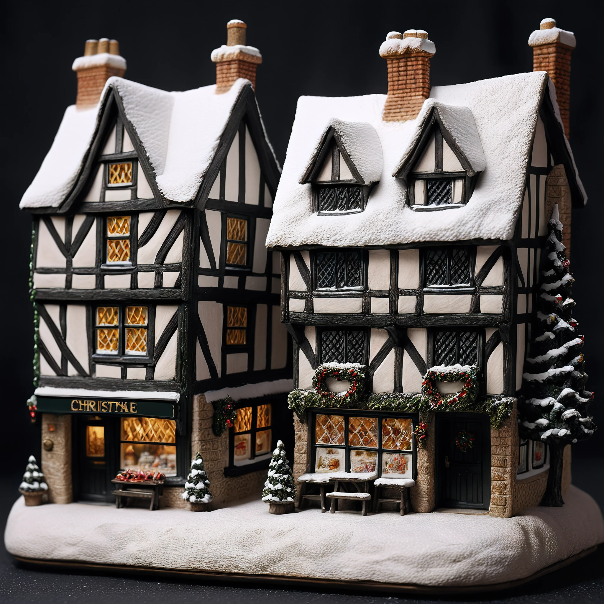 <lora:M1n14tur3_XL-000002:0.9>,photo of (M1n14tur3:1.1) ceramic sculpture of a English village square with christmas tree,surrounded by shops and tudor style houses,covered in snow,landscape architecture render,photo realistic,ornate,studio photograph,sitting on a wooden counter with a black cloth background,bokeh,tilt shift,super detailed,intricate,dramatic,shadows,beautiful,insane details,hyperdetailed,8k wallpaper,uhd,hdr,high contrast,