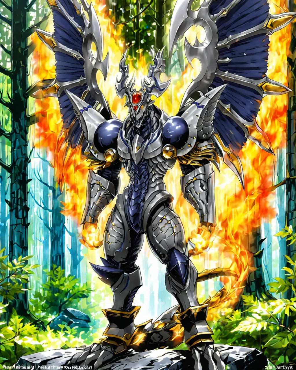a dorugoramon wreathed in flame standing in a forest, 2d,full body,anime,art by makoto shinkai,wings, horns,forehead jewel, <lora:DORUgoramon:0.85>