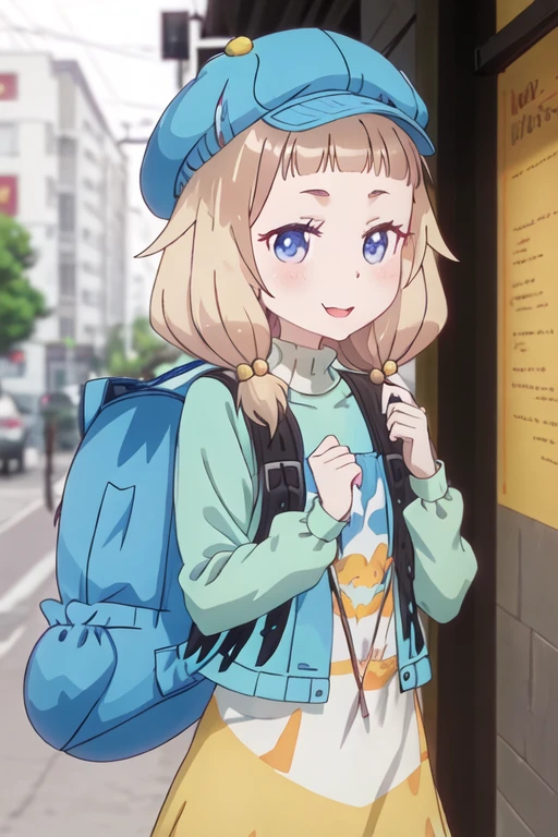 best quality, masterpiece, highres, solo, {sakura_nene_newgame:1.15}, blonde_hair, hair_ornament, hair_bobbles, twintails, blush, blue_eyes, bangs, closed_mouth, low_twintails, 1girl, >_<, backpack, bag, blue_headwear, blue_jacket, closed_eyes, hat, jacket, long_sleeves, open_mouth, outdoors, blurry_background, upper_body, blurry, facing_viewer, :3, :d, animal_bag, cabbie_hat, forehead, holding, smile, xd