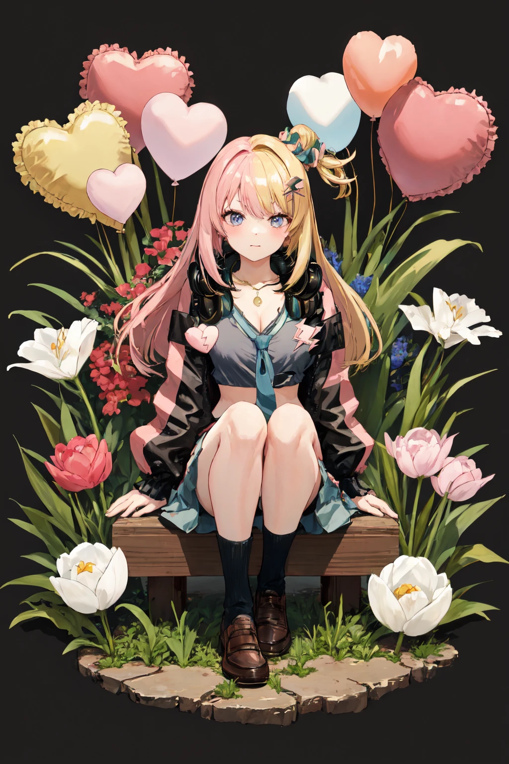 masterpiece, (detailed, highres, best quality), 1girl, <lora:spkotokaTorahime:1> kotokadef, hair scrunchie, x hair ornament, hairclip, necklace, headphones, black shirt, tied shirt, necktie, midriff, jacket, pleated skirt, belt, single thighhigh, wrist scrunchie, balloon, blue background, flower, full body, moon, pink clouds, plant, potted plant, sign, simple background, tulip