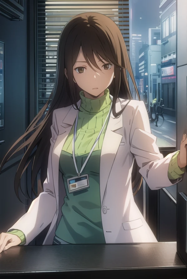 namieyagiri, <lora:namie yagiri s1-lora-nochekaiser:1>,
namie yagiri, long hair, black hair, (brown eyes:1.3),
BREAK sweater, turtleneck, labcoat, green sweater,
BREAK indoors, office,
BREAK looking at viewer, (cowboy shot:1.5),
BREAK <lyco:GoodHands-beta2:1>, (masterpiece:1.2), best quality, high resolution, unity 8k wallpaper, (illustration:0.8), (beautiful detailed eyes:1.6), extremely detailed face, perfect lighting, extremely detailed CG, (perfect hands, perfect anatomy),