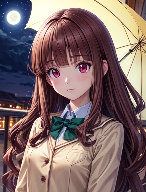 best quality, masterpiece, highres, detailed, digital artwork, <lora:Detail - add_detail:0.2>, brown hair, blunt bangs, red eyes, RuriDigi, <lora:Character - RuriDigi:0.8>, student uniform, night sky, coy