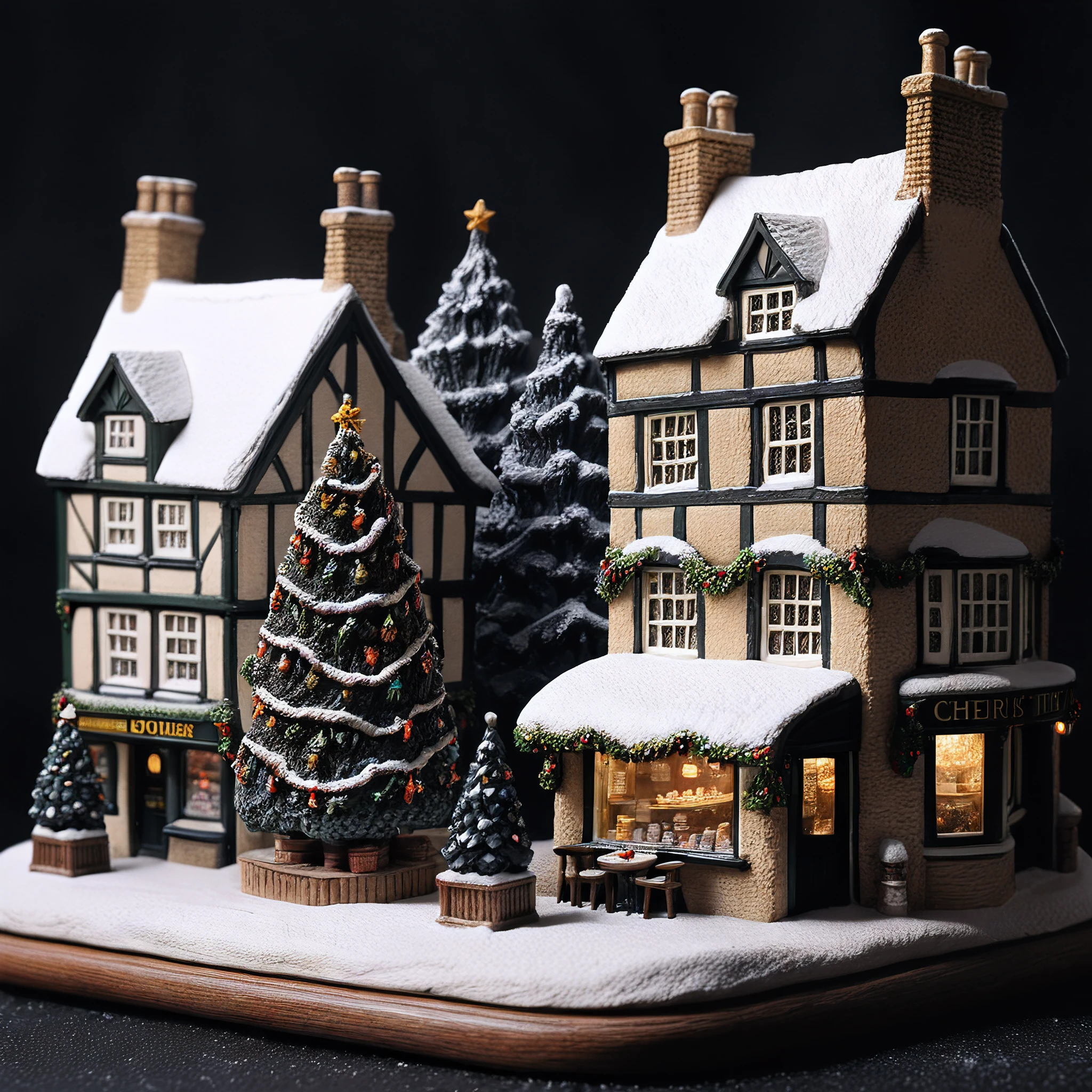 <lora:M1n14tur3_XL-000002:0.9>,photo of (M1n14tur3:1.1) ceramic sculpture of a English village square with christmas tree,surrounded by shops and Victorian houses and pub,covered in snow,landscape architecture render,photo realistic,ornate,studio photograph,sitting on a wooden counter with a black cloth background,bokeh,tilt shift,super detailed,intricate,dramatic,shadows,beautiful,insane details,hyperdetailed,8k wallpaper,uhd,hdr,high contrast,