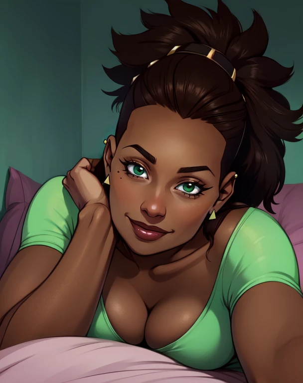 Amber,brown hair,green eyes,ponytail,dark skin,
earrings,green shirt,cleavage,
looking at viewer,smile,
bedroom,lying on bed,
(insanely detailed, beautiful detailed face, beautiful detailed eyes, masterpiece, best quality),solo,<lora:Amber:0.8>,