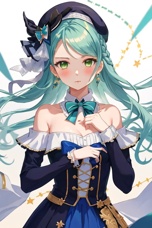 best quality, masterpiece, highres, solo, {hikawa_sayo_bangdream:1.15}, green_eyes, aqua_hair, long_hair, bangs, blush, jewelry, 1girl, alternate_hairstyle, beret, bow, braid, earrings, frills, hair_over_shoulder, hat, looking_at_viewer, ribbon, single_braid, bare_shoulders, blue_headwear, brooch, hair_ornament, hat_bow, upper_body, blue_bow, constellation, gem, long_sleeves, neck_ribbon, blue_ribbon, constellation_print, hand_up, shirt, shoulder_cutout, starry_sky_print, striped, striped_bow, striped_ribbon