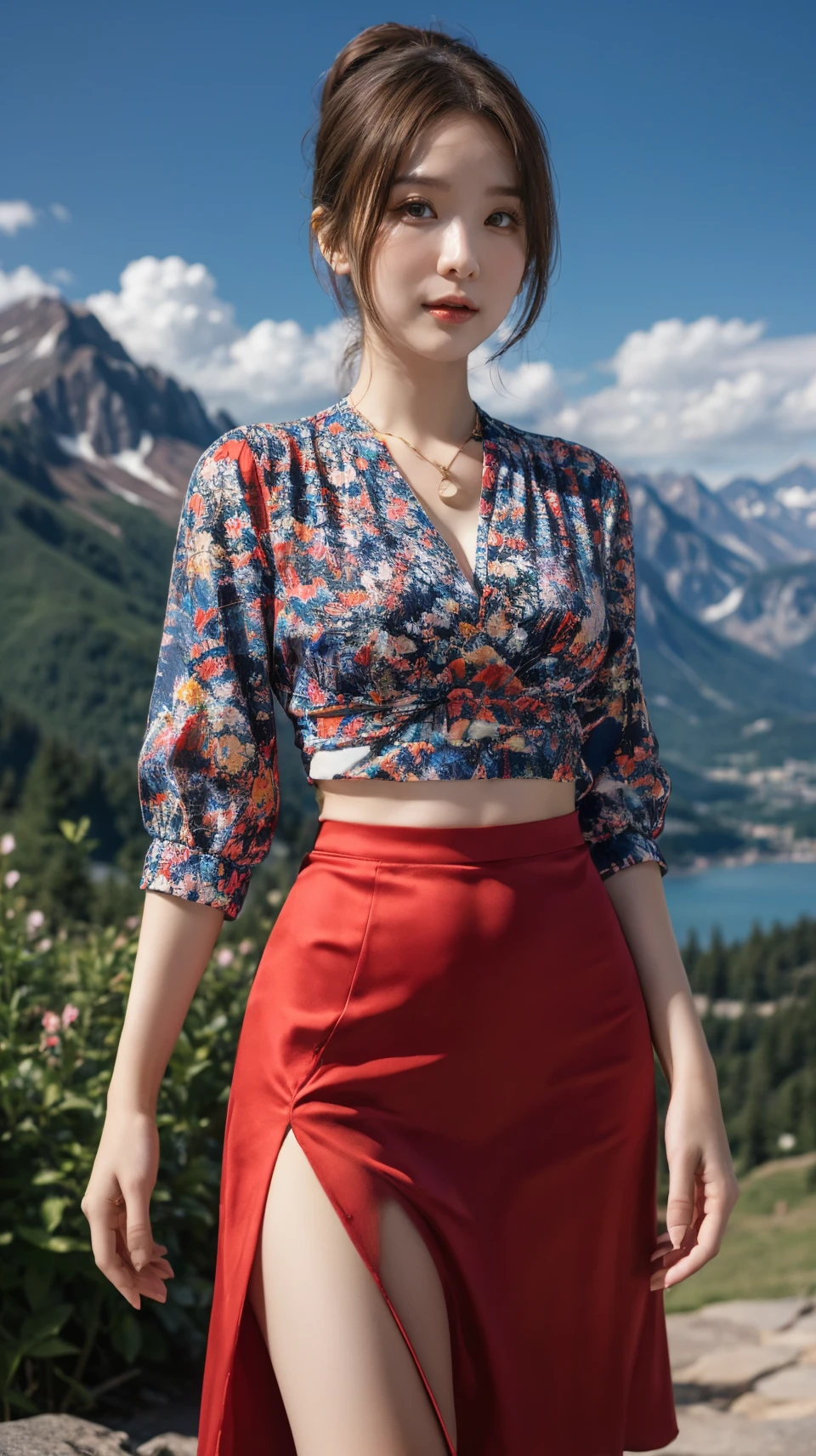 best quality,HDR,UHD,8K,Vivid Colors,solo,front view,photo_(medium),(1girl:1.3),(looking at viewer:1.4),ponytail,
<lora:add_detail:0.5>,standing,outside,sky,mountain,flower,<lora:rc10:0.75>,rc,side cutout,red skirt,