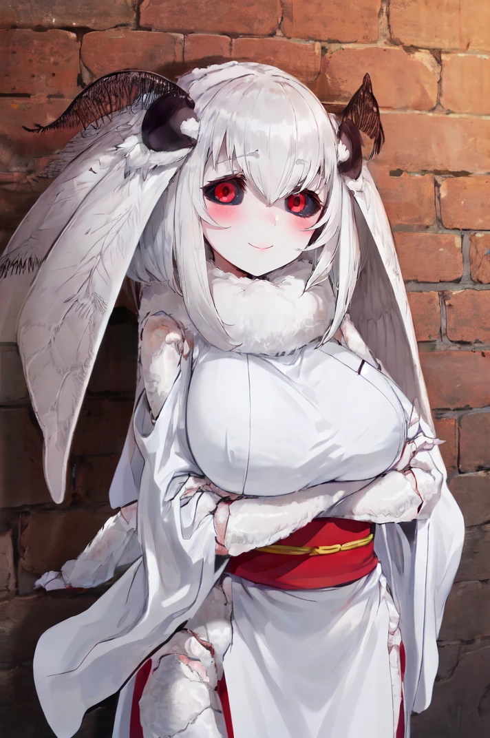 mashiro, white hair, medium hair, red eyes, (extra arms:1.4), joints, fewer digits, white skin, colored skin, colored sclera, black sclera,
BREAK white kimono, red sash, obi, large breasts, side slit, light smile, blush, brick wall, empty eyes
BREAK crossed arms, breast suppress
 <lora:mashiro-47:1>