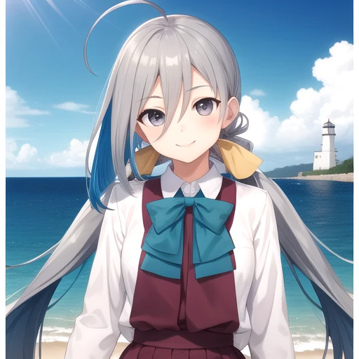 ((masterpiece)),(best quality),official art,extremely detailed CG,unity 8k wallpaper,ultra detailed,A lighthouse on a cliff by the sea,1girl,solo,upper body,(portrait:1.2),very_long_hair,grey_hair,grey_eyes,twintails,ahoge,smile,low_twintails,grey_pantyhose,skirt,school_uniform,looking_at_viewer,multicolored_hair,shirt,bowtie,hair_between_eyes,<lora:Kiyoshimo(kan)>,
