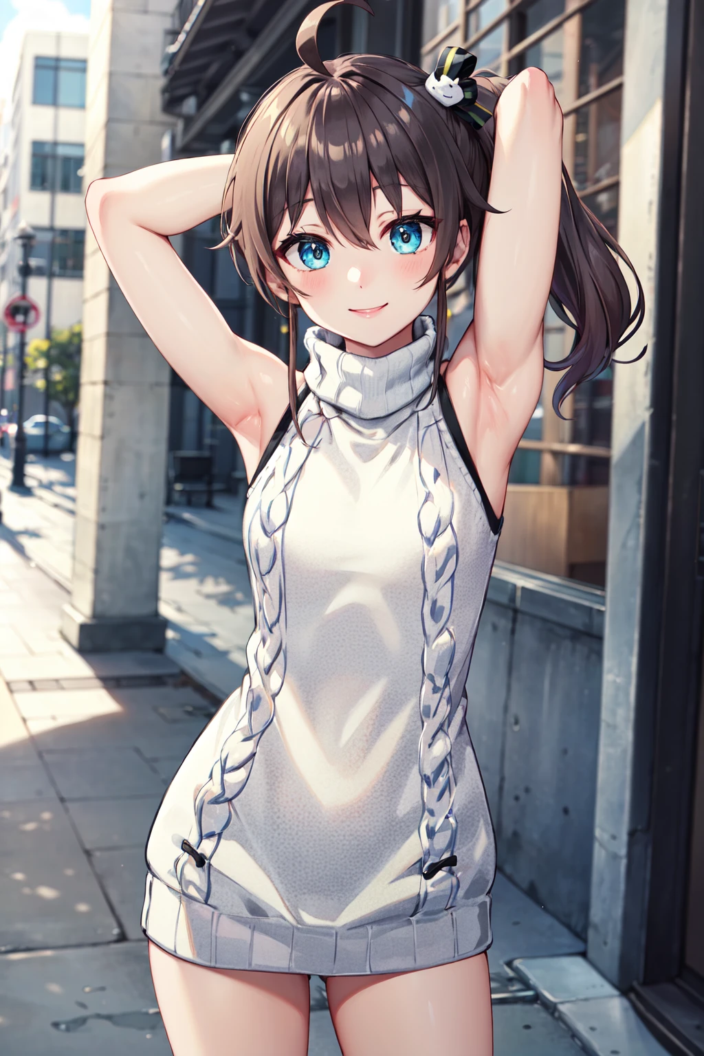 masterpiece,best quality,highres,ultra-detailed,aamatsuri,medium hair,side ponytail,ahoge,hair between eyes,bangs,cat hair ornament,black ribbon,<lora:natsuiro_matsuri:0.8>,(sweater:1.2),(turtleneck:1.2),street,smile,standing,(sleeveless:1.2),cowboy shot,arm_behind_head,arms_up,