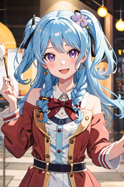best quality, masterpiece, highres, solo, {matsubara_kanon_bangdream:1.15}, blue_hair, purple_eyes, bangs, long_hair, blush, smile, ribbon, hair_ornament, light_blue_hair, open_mouth, one_side_up, hair_ribbon, hair_flower