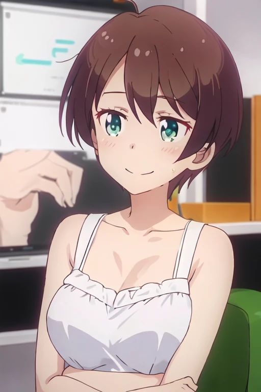 best quality, masterpiece, highres, solo, {shinoda_hajime_newgame:1.15}, brown_hair, short_hair, green_eyes, blush, collarbone, smile, 1girl, closed_eyes