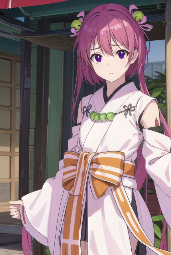oomiyanomenokami, <lora:oomiyanome no kami s1-lora-nochekaiser:1>,
oomiyanome no kami, long hair, hair ornament, twintails, (purple eyes:1.1), purple hair, bell, hair bell,
BREAK skirt, detached sleeves, japanese clothes, necklace, miko, magatama,
BREAK outdoors, shrine,
BREAK looking at viewer, (cowboy shot:1.5),
BREAK <lyco:GoodHands-beta2:1>, (masterpiece:1.2), best quality, high resolution, unity 8k wallpaper, (illustration:0.8), (beautiful detailed eyes:1.6), extremely detailed face, perfect lighting, extremely detailed CG, (perfect hands, perfect anatomy),