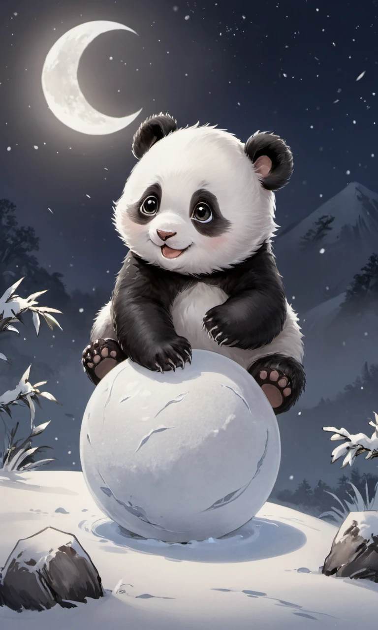 8k, masterpiece, best quality, 2D, Cinematic Lighting, (side lighting), traditional chinese ink painting, looking at viewer,
1 (white:0.5|black:0.5) (Baby:1.2)_panda, the Baby_panda is tossing up a white snow ball like a Earth, smile,
background is a big (crescent:1.2)_moon in the night sky,
ink, <lora:watercolor-ink-sketch-v1:0.3>,