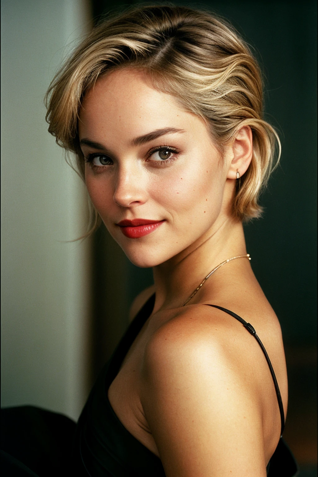 photo of (sh4r0nst-135:0.99), a beautiful woman, closeup portrait, perfect slick (short) blonde hair, hair upsweep updo, (modern photo, dress), 24mm, (analog, cinematic, film grain:1.3), (plain Mocha background, gradient:1.1), detailed eyes, (seductive pose), (epicPhoto), upper body, (looking at viewer, smiling), (painted lips)