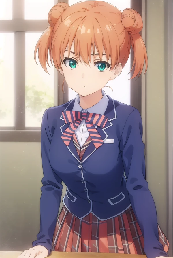 yuukiyoshino, <lora:yuuki yoshino s1-lora-nochekaiser:1>,
yuuki yoshino, short hair, twintails, (green eyes:1.3), hair bun, orange hair, double bun,
BREAK bow, school uniform, striped, bowtie, blazer, striped bowtie, blue blazer, brown skirt, plaid skirt, plaid,
BREAK indoors, kitchen,
BREAK looking at viewer, (cowboy shot:1.5),
BREAK <lyco:GoodHands-beta2:1>, (masterpiece:1.2), best quality, high resolution, unity 8k wallpaper, (illustration:0.8), (beautiful detailed eyes:1.6), extremely detailed face, perfect lighting, extremely detailed CG, (perfect hands, perfect anatomy),