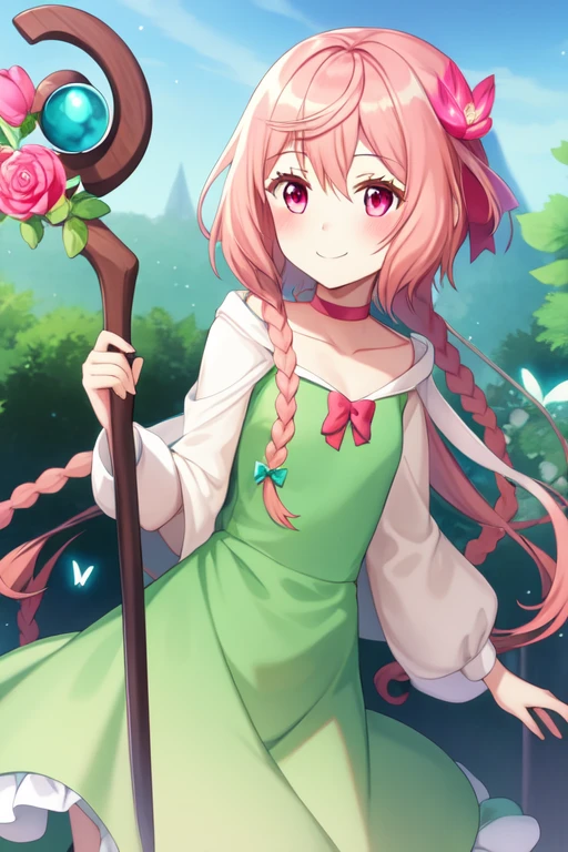 fdmlily, 1girl, solo, butterfly, staff, smile, dress, bug, choker, long hair, hair ornament, flower, blush, holding, green dress, hair flower, holding staff, collarbone, bow, facing viewer