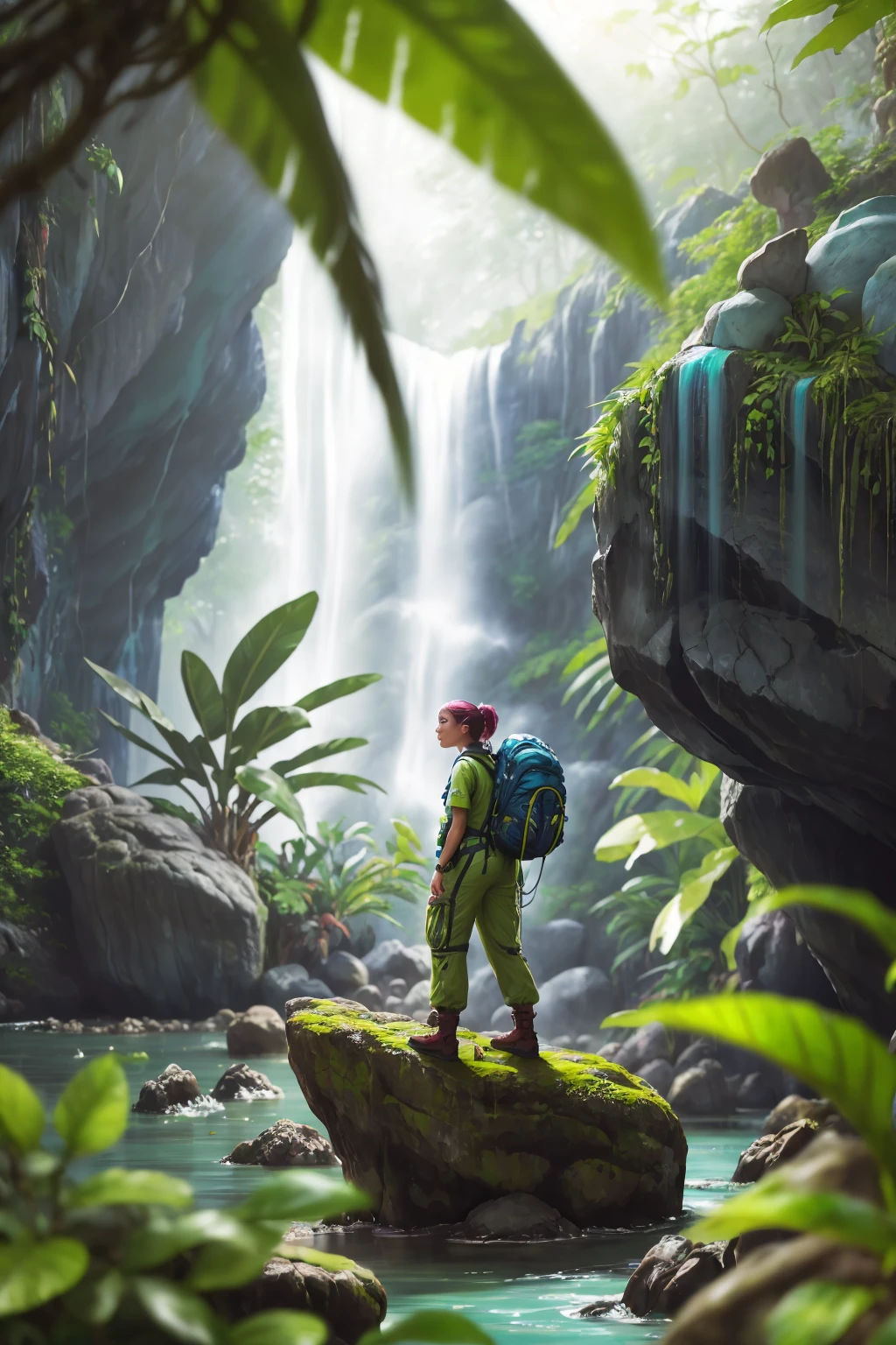 (Style-BlurFore:1.5) from side, artistic portrait, digital painting of a woman wearing explorer clothes, tactical gear, leaning against ancient ruins in a colorful tropical jungle, waterfall and large boulders, (foreground rocks plants:1.3), color grading (masterpiece) (best quality) (detailed) (intricate)