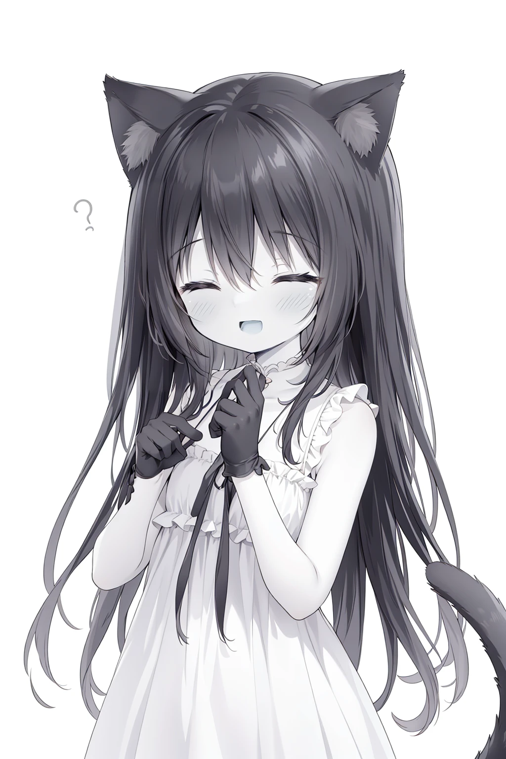 noir_cg, noir, xingbailieche, gloves, animal_ears, long_hair, sleeveless, smile, :d, blush, closed_eyes, bangs, 1girl, animal_ear_fluff, tail, hair_between_eyes, open_mouth, ^_^, cat_ears, cat_tail, monochrome, facing_viewer, bare_shoulders, sleeveless_dress, hand_up, very_long_hair, greyscale, hands_up, cat_girl, solo_focus, tail_raised, dress, upper_body
<lora:super-noir-v1:1>