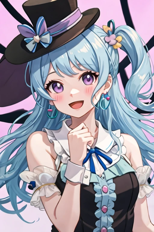 best quality, masterpiece, highres, solo, {matsubara_kanon_bangdream:1.15}, blue_hair, purple_eyes, bangs, long_hair, blush, smile, ribbon, hair_ornament, light_blue_hair, open_mouth, one_side_up, hair_ribbon, hair_flower, 1girl, animal_ears, black_headwear, bow, frills, hat, heart, looking_at_viewer, rabbit_ears, top_hat, black_ribbon, earrings, fake_animal_ears, jewelry, neck_ribbon, upper_body, frilled_shirt_collar, hat_bow, heart_earrings, blue_bow, hat_ribbon, sleeveless, :d, wrist_cuffs