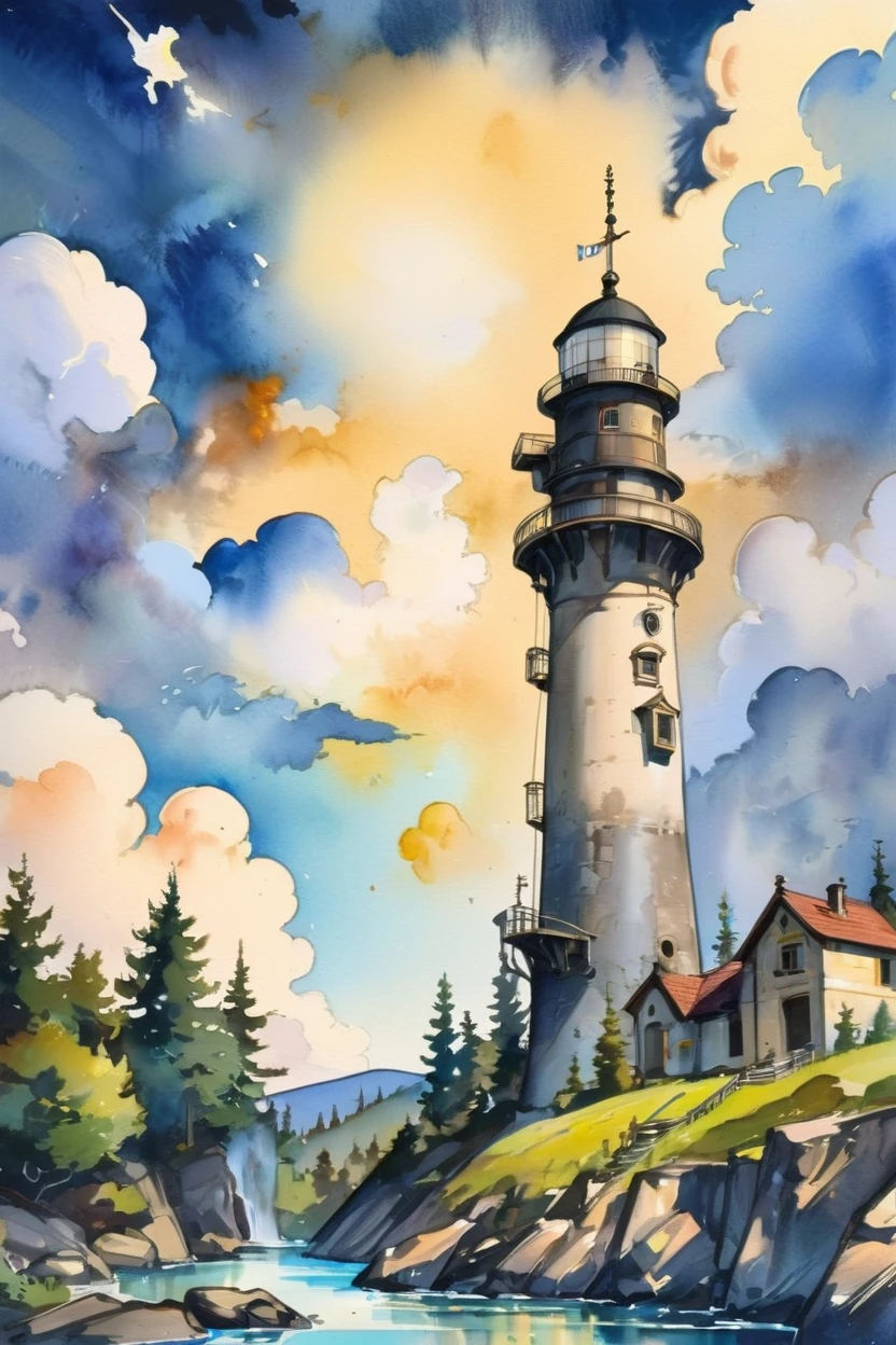 anime style watercolor, golden hour, blue sky, clouds, architecture, "at the Shadowy Supernatural Observatory"<lora:EnvyAnimeWatercolorXL01:1>