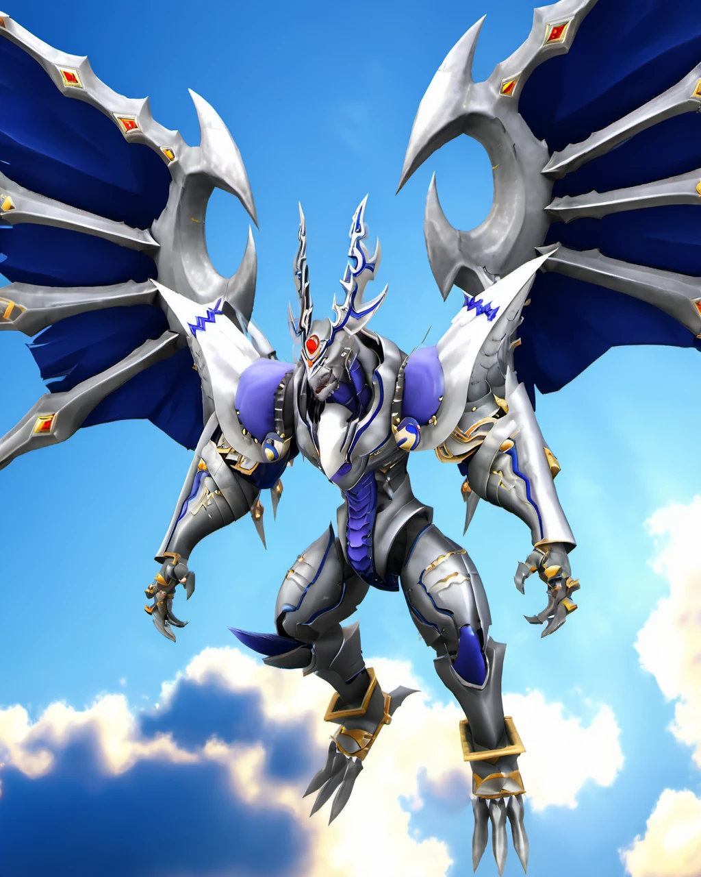 a dorugoramon flying in the sky,full body,wings, horns,tail,forehead jewel, raw photo,cinematic shot,realistic, <lora:DORUgoramon:0.85>
