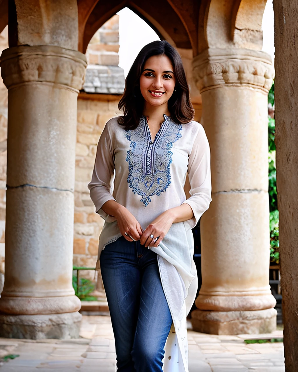 ultrarealistic soft focus photo of a 30-year-old thin woman, dynamic pose, bell tower, smiling,  wearing kurta_with_Jeans