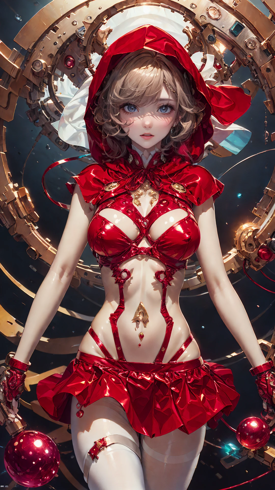 tutututu, red skirt, medium breasts, red hooded capelet, bandage, bdsm, covered nipples, christmas, 
(masterpiece, top quality, best quality, official art, beautiful and aesthetic:1.2), (1girl), (fractal art:1.2),absurdres, highres, ultra detailed, Ultra-precise depiction, Ultra-detailed depiction, solo, (zentangle:1.2), dynamic pose, floating hair, (skinny, thin body: 1.2), tanned skin, shiny skin, (abstract:1.2),cbpkv5, white pantyhose, 
<lora:tutuMCV3:0.7>  <lora:cbpkv_20230614221551:0.6>