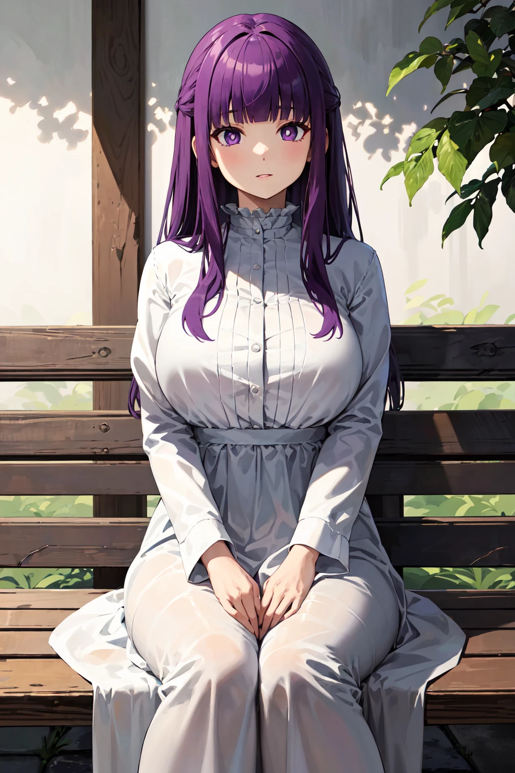 best quality, masterpiece, 1girl, (solo:1.1), raytracing, ultra detailed,detailed face, 8k wallpaper, wide hips, <lora:more_details:0.5>, FernNDV, 1girl, purple hair, purple eyes, large breasts, long hair, open clothes, black robe,long white dress, <lora:FernNDV:0.7>, smile, outdoor, sitting