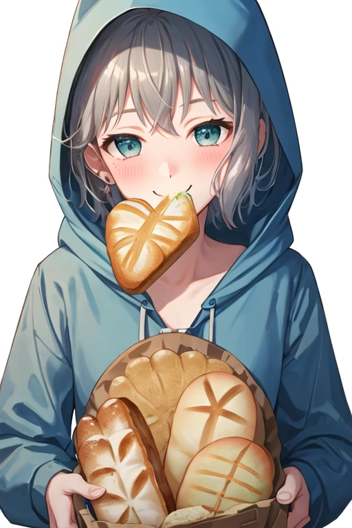 best quality, masterpiece, highres, solo, {aoba_moca_bangdream:1.15}, short_hair, grey_hair, bangs, blush, smile, blue_eyes, 1girl, food, holding, holding_food, bread, hood, hood_down, white_background, looking_at_viewer, upper_body, eating, long_sleeves, green_eyes, hoodie, melon_bread, simple_background, food_on_face