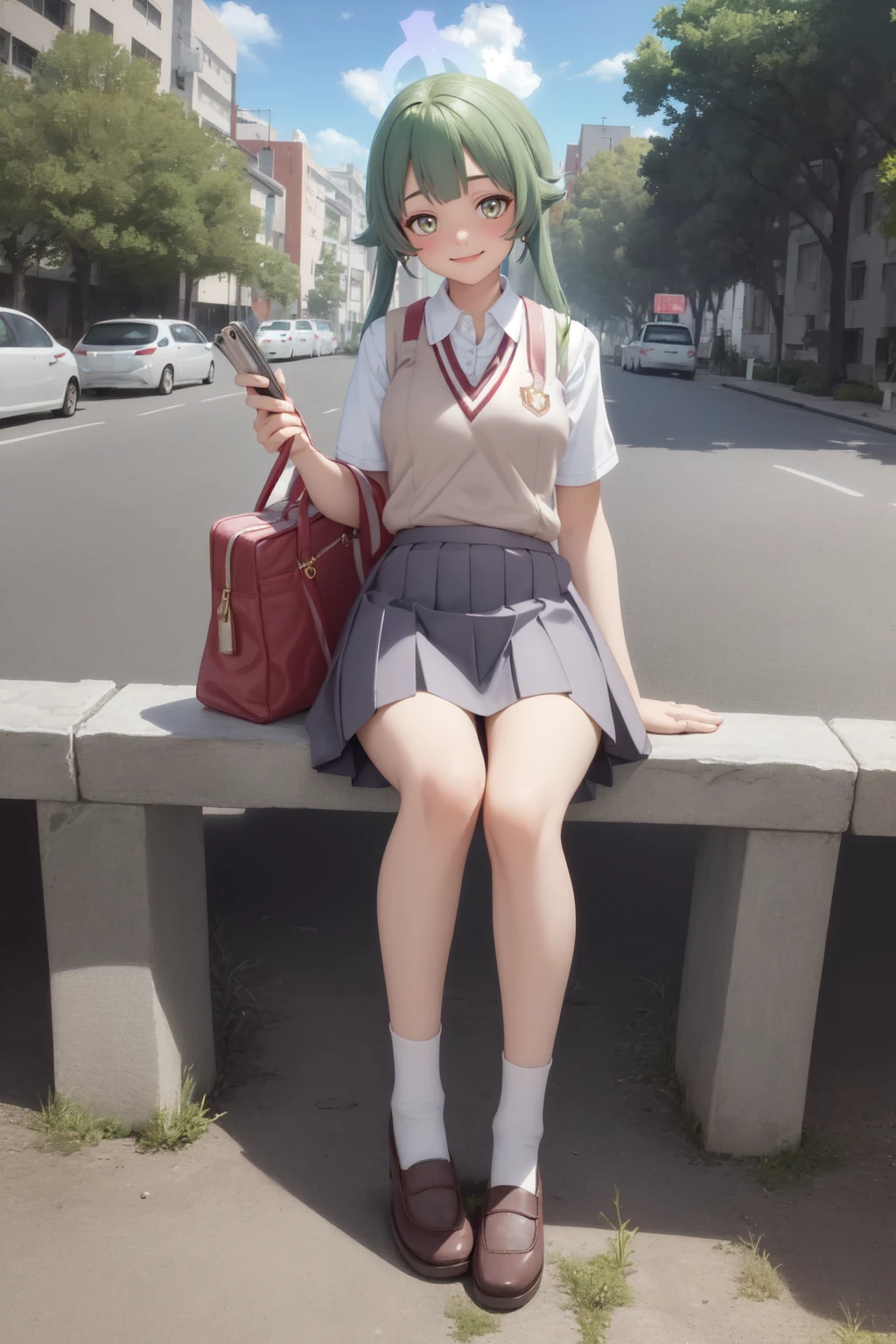 (masterpiece:1.3), (absurdres:1.3), (best quality:1.3), 1girl, looking at viewer, smile, outdoors, summer, full body, <lora:momijifi-000011:1>, momijifi, halo, tokiwadai school uniform,  <lora:tokiwadai_school_uniform:1>