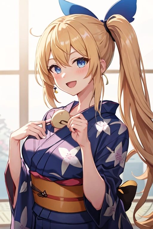 best quality, masterpiece, highres, solo, {yukata:1.40}, {kimono:1.20}, {akari_bluearchive:1.15}, blonde_hair, long_hair, blue_eyes, virtual_youtuber, smile, blush, breasts, ribbon, side_ponytail, open_mouth, bangs, hair_ribbon, hair_between_eyes, upper_body, large_breasts