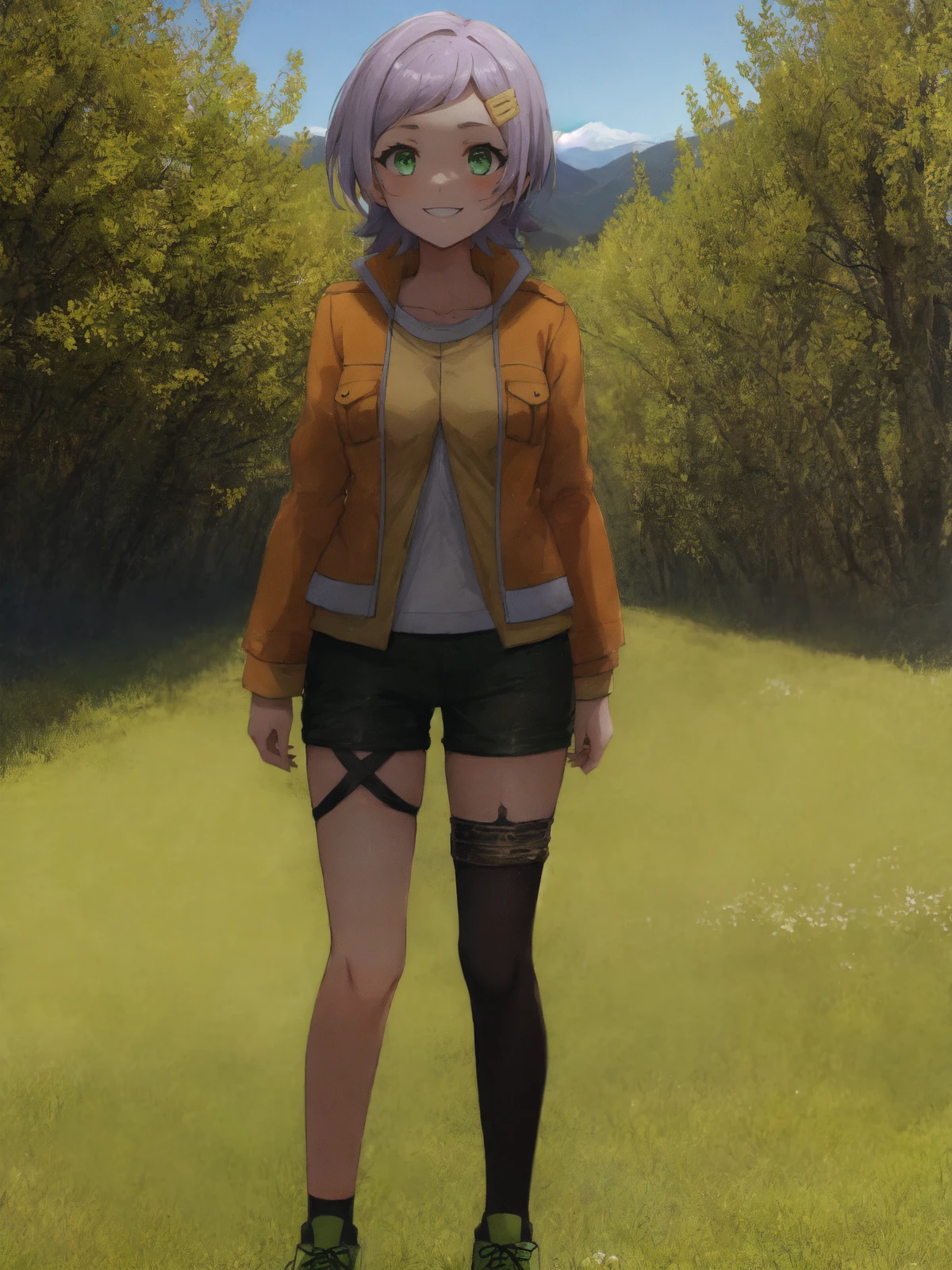 SLE, mksks style, detailed background absurdres, highres, chromatic aberration, (full body), <lyco:GoodHands-beta2:1.0>,
BREAK solo, 1girl, <lora:Göll:1>, geir, small breasts,
BREAK hair ornament, orange jacket, long sleeves, pockets, open jacket, yellow shirt, long sleeves, white shirt, black shorts, (asymmetrical legwear, uneven legwear, black legwear, single thighhigh, single sock), sneakers, green footwear,
BREAK standing, smile, blush, pigeon-toed, arms behind back, looking at viewer, facing viewer,
BREAK valley, trees, flowers, grass, mountains, blue sky, sunlight, outdoors