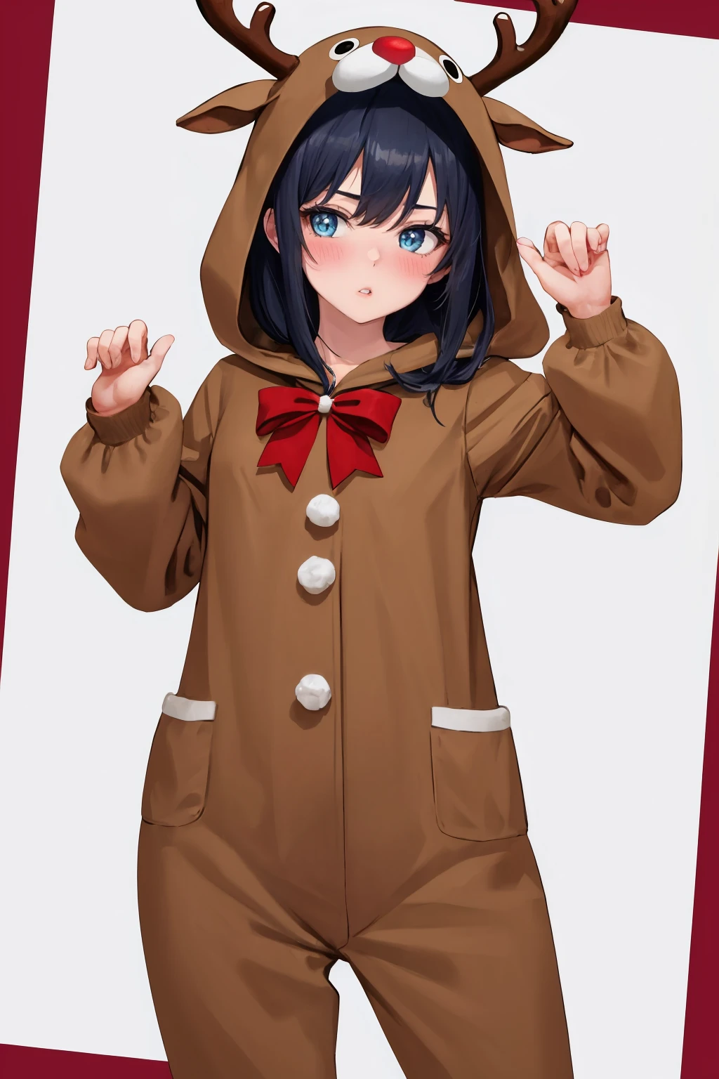 masterpiece, best quality, 1girl, solo, <lora:reindeer-outfit-richy-v1:1> reindeer costume, black hair, blue eyes, looking at viewer, parted lips, blush