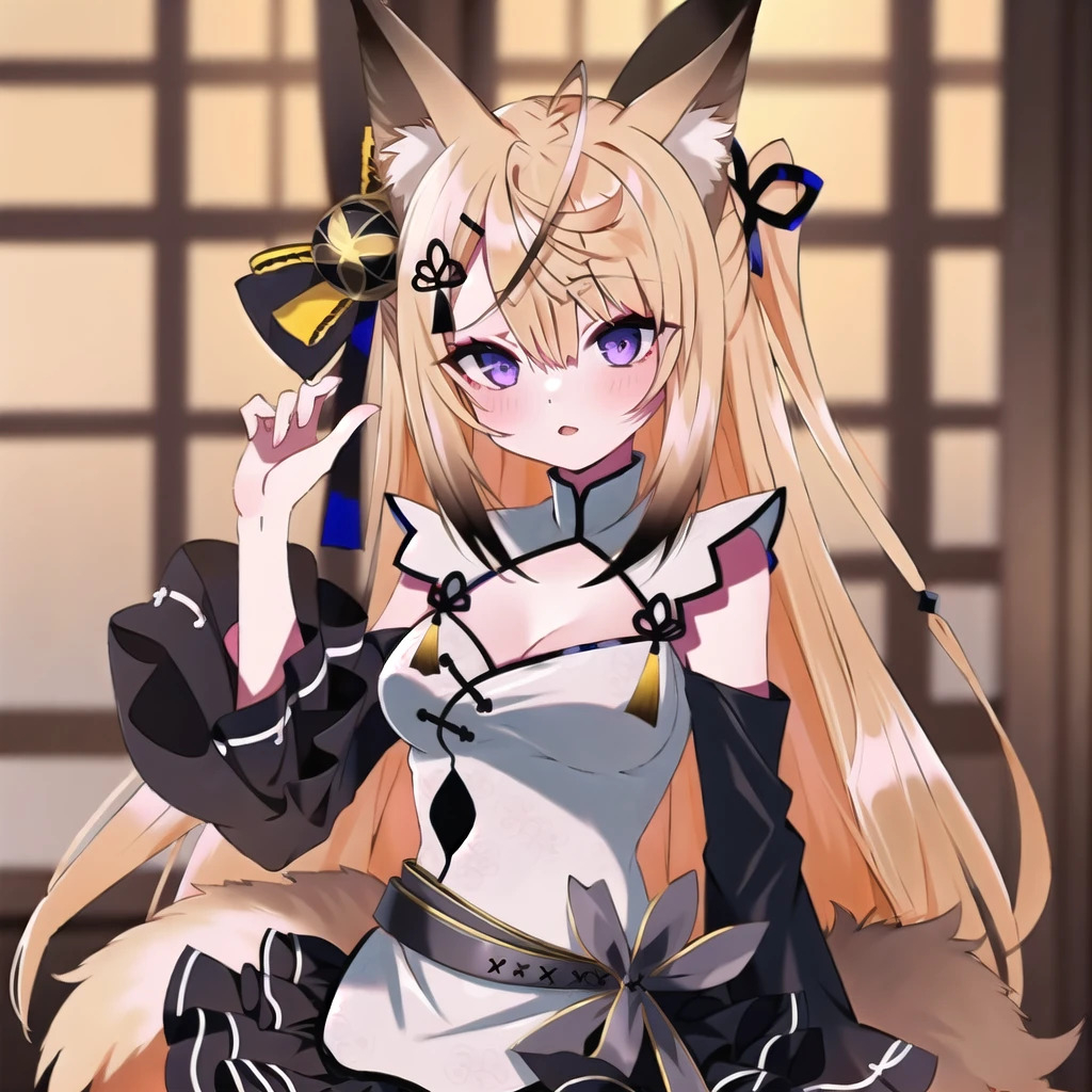 (masterpiece, best quality:1.2), nsfw, girl, 1girl, solo, kokuri, 1girl, solo, purple eyes, ahoge, brown blonde long hair, hair ornament, hair bell, hair ribbon, hairclip, white chinese clothes, cleavage, cleavage cutout, black frilled skirt, detached frilled black sleeves, fox girl, fox ears, gray belt,  <lora:Kokuri_23:1>