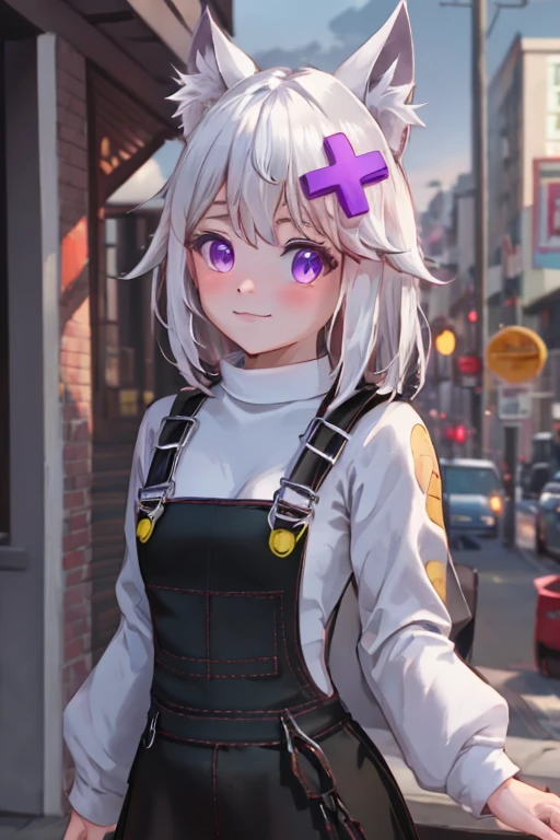 <lora:lilfil-10 (1):0.8> masterpiece, best quality, absurdres, colorful, outdoors, day, 1girl, solo, lilfil, white hair, short hair, animal ears, tail, purple eyes, x hair ornament, black overalls, black suspenders, black skirt, white sweater, long sleeves, smile