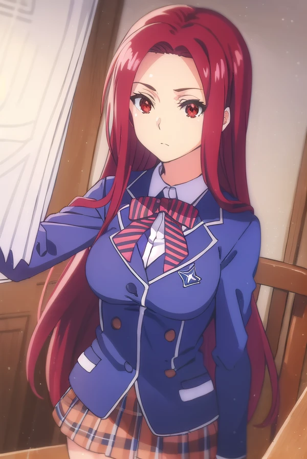 ryoukosakaki, <lora:ryouko sakaki s1-lora-nochekaiser:1>,
ryouko sakaki,  long hair, (red eyes:1.3), red hair, (forehead:1.2),
BREAK bow, school uniform, striped, bowtie, blazer, striped bowtie, blue blazer, brown skirt, plaid skirt, plaid,
BREAK indoors, kitchen,
BREAK looking at viewer, (cowboy shot:1.5),
BREAK <lyco:GoodHands-beta2:1>, (masterpiece:1.2), best quality, high resolution, unity 8k wallpaper, (illustration:0.8), (beautiful detailed eyes:1.6), extremely detailed face, perfect lighting, extremely detailed CG, (perfect hands, perfect anatomy),