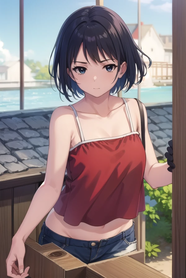 keikosanjou, <lora:keiko sanjou s1-lora-nochekaiser:1>,
keiko sanjou, short hair, black hair, (black eyes:1.5),
BREAK shorts, black shorts, camisole, bare shoulders, collarbone, (red camisole:1.5),
BREAK outdoors, shrine,
BREAK looking at viewer, (cowboy shot:1.5),
BREAK <lyco:GoodHands-beta2:1>, (masterpiece:1.2), best quality, high resolution, unity 8k wallpaper, (illustration:0.8), (beautiful detailed eyes:1.6), extremely detailed face, perfect lighting, extremely detailed CG, (perfect hands, perfect anatomy),